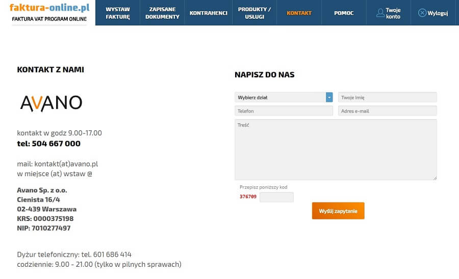Formularz kontaktowy w serwisie